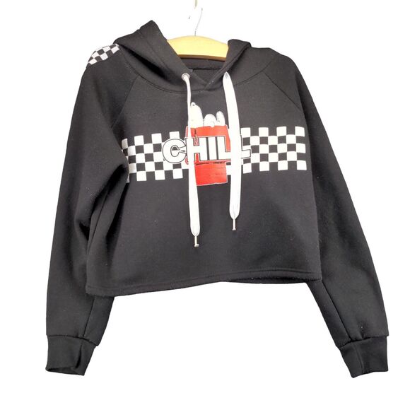Wear Code Snoopy Chill Check Trim Cropped Hoodie Sweatshirt Womens Large Black - Picture 1 of 12